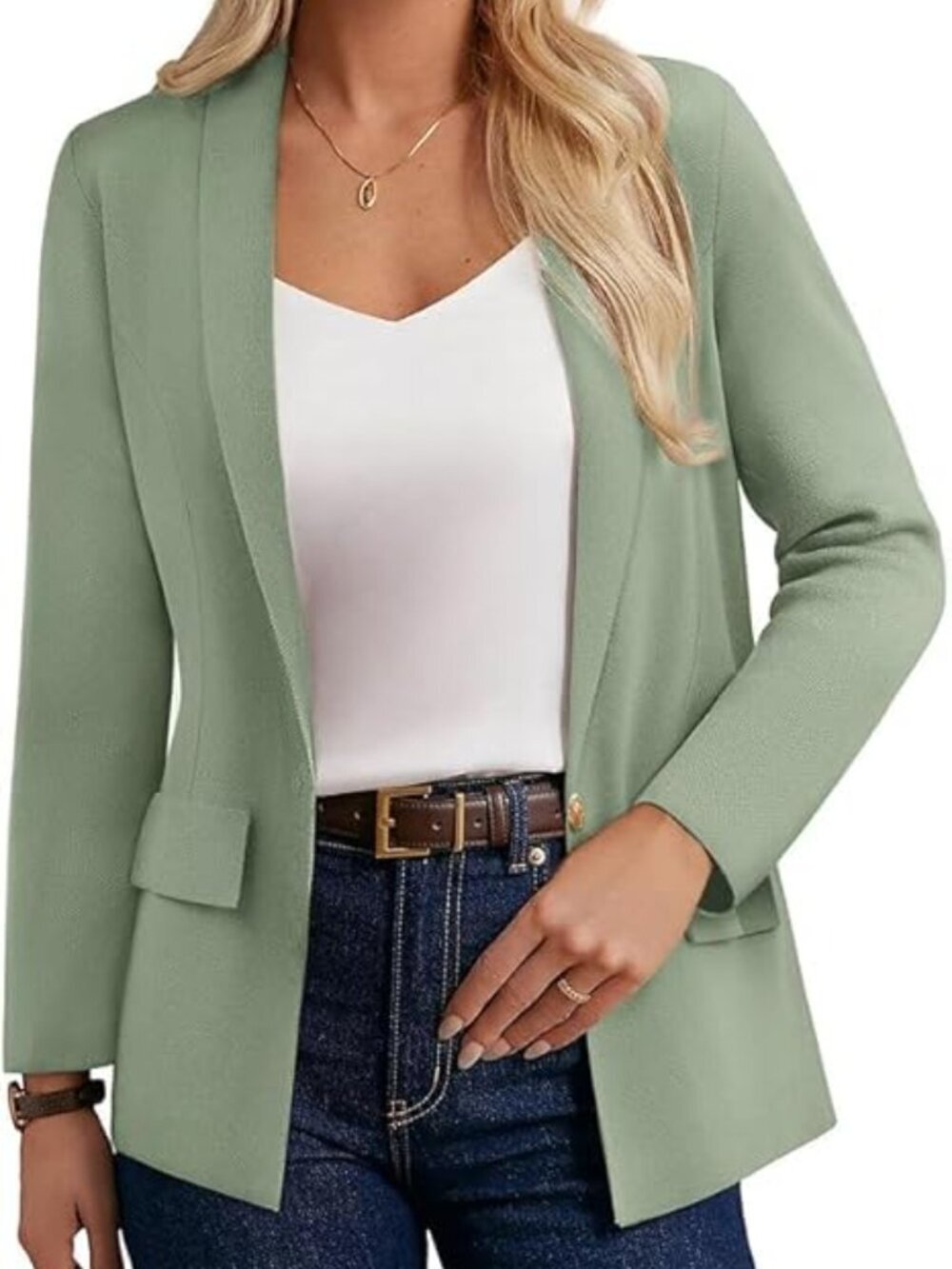 Women's Light Green Cardigan Blazers Business Casual Long Sleeve Open Front